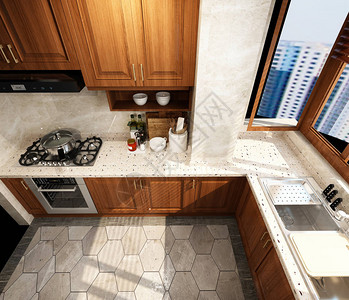 现代厨房的3d渲染图片