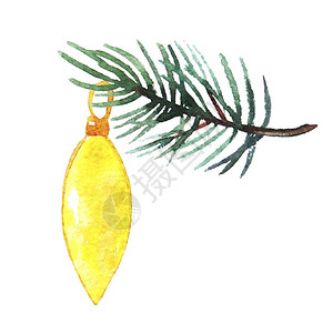 与冷杉树枝和黄色球孤立在白色背景上的圣诞作文贺卡日历印刷品邀请图片