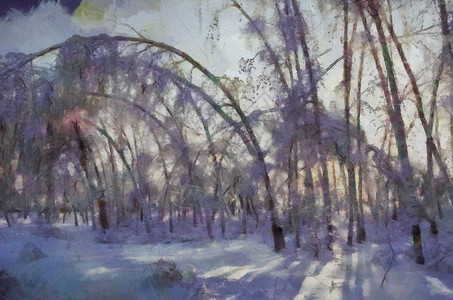 冬天白雪覆盖的森林油画图片