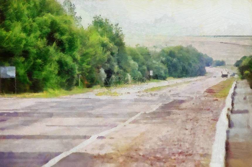 夏天的道路是用油画颜料画的图片
