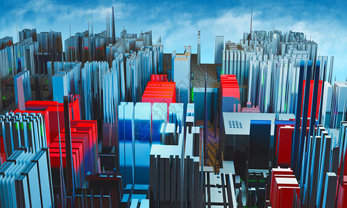 抽象形多彩红色和蓝色城市与蓝天和云彩现代未来城市图片