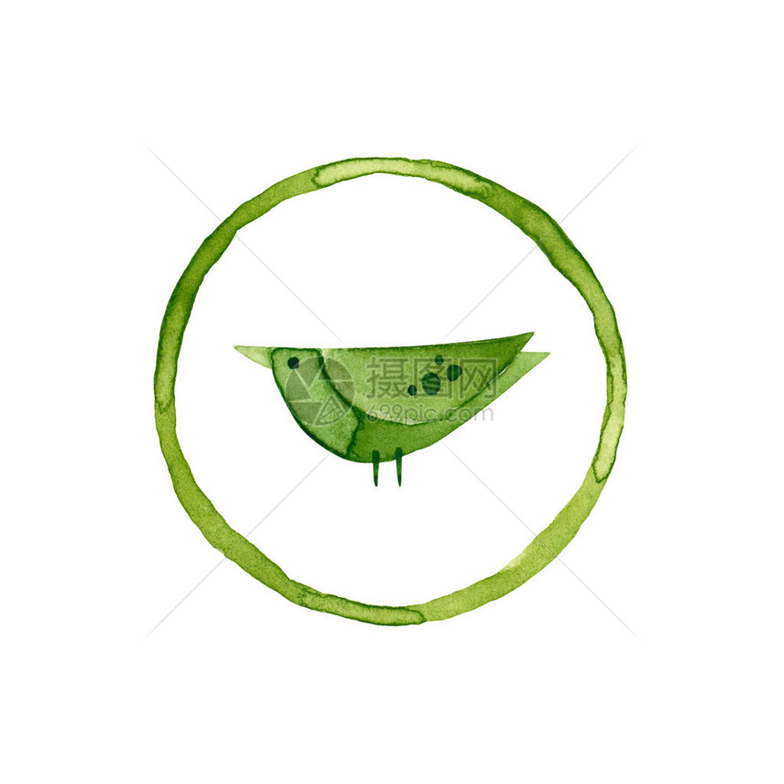 带圆圈的水彩鸟手绘插图上白色孤立带有图标的绿色圆形框架图片