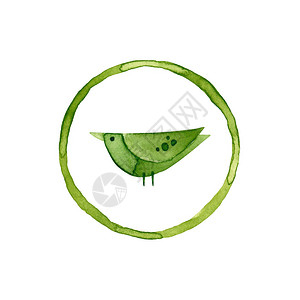 带圆圈的水彩鸟手绘插图上白色孤立带有图标的绿色圆形框架图片