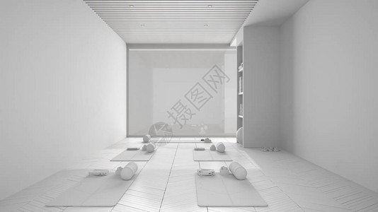 空荡的瑜伽室内设计的全白色项目草稿图片