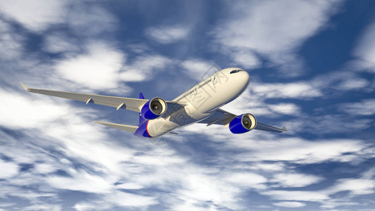 一架客机在蓝天上飞行的3D插图图片