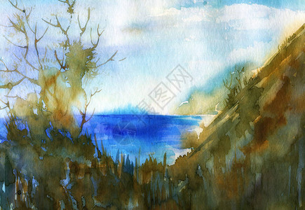 山和海抽象水彩风景图片