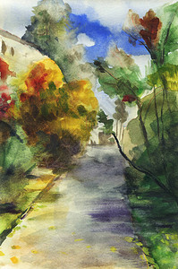 带有步行道和树木的秋天地貌摘要用草图风图片