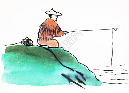 渔夫用白纸上水彩画的sumie风格图片