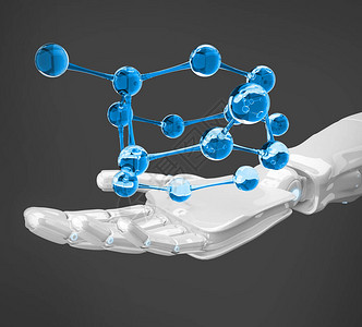 白色机器人手在灰色背景上呈现分子公式未来技术和进步概念3D图片