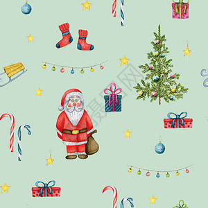 无缝图案与圣诞老人圣诞树雪橇圣诞树装饰星灯泡礼物绿色背景上图片