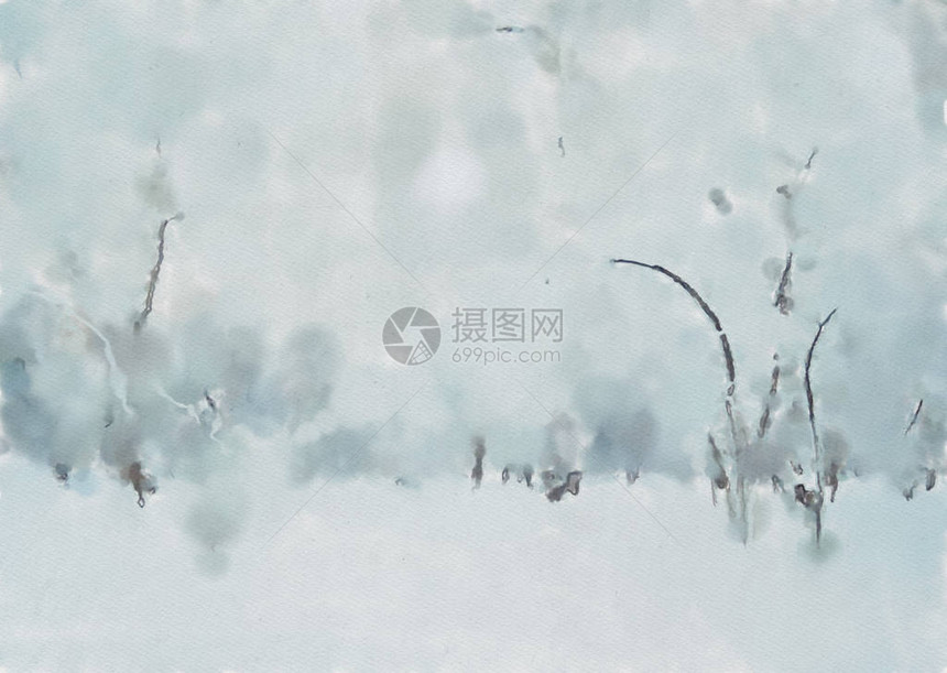 水彩色丰富的插画被雪覆盖的冰冻森林图片