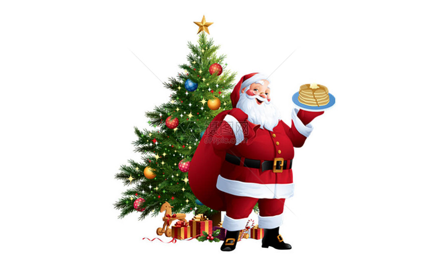 红色圣诞老人快乐地拿着一个煎饼图片