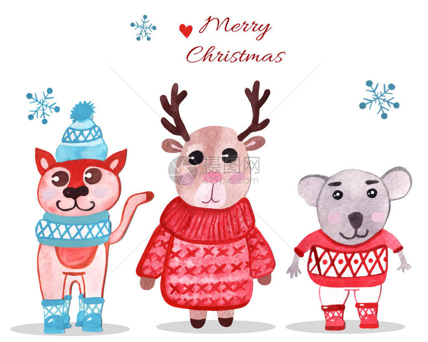 圣诞水彩动物setwith猫鹿和老鼠可爱的儿童插图图片
