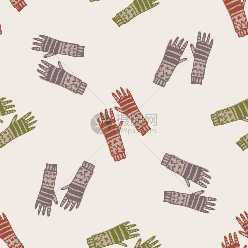 冬季保暖针织手套无缝图案季节假期背景手绘套孤立的平面彩色涂鸦图标北欧Hygge针织手柔和的本土斯堪图片