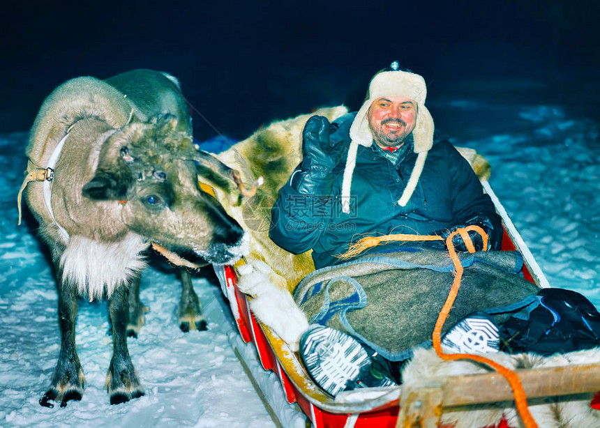 拉普兰农场罗瓦涅米夜间芬兰驯鹿雪橇上的人圣诞雪橇上的人在冬季雪橇骑safari与雪芬兰北极挪威萨图片