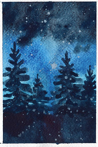 水彩圣诞明信片冷杉树北极光图片