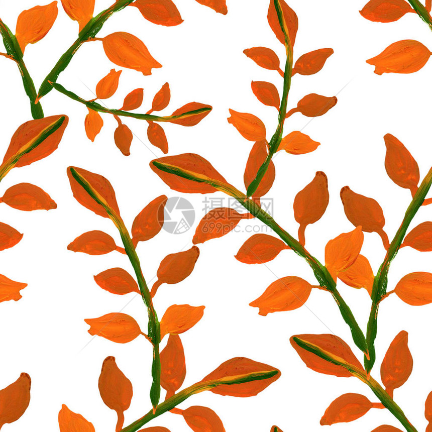 秋季绿色橙树叶枝无缝图案打印图片
