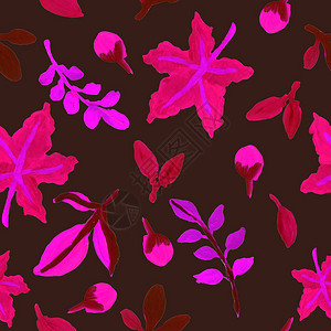 深色背景上带有粉红色秋叶的无缝图案手绘涂鸦水粉和水彩画花卉装饰纹理用于纺织品明背景图片