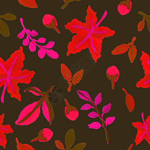 无缝图案与深色背景上的红色秋叶手绘涂鸦水粉和水彩画花卉装饰纹理用于纺织品明背景图片