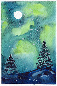 水彩圣诞明信片冷杉树北极光月亮图片