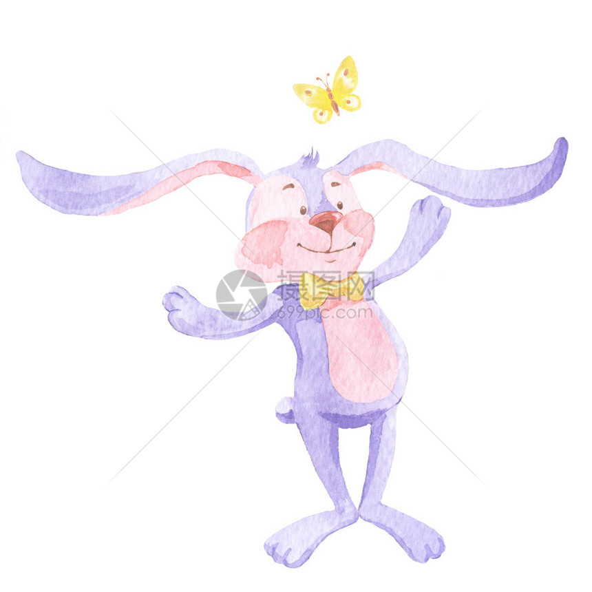 长耳的可爱水彩毛小兔子捕到蝴蝶在白色背景上图片