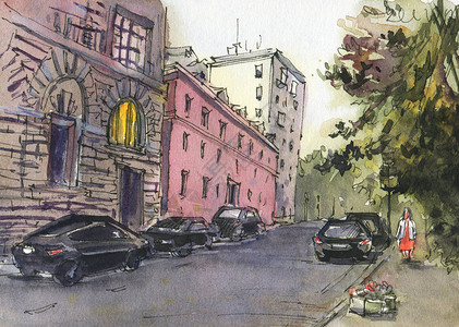 城市景观素描墨水和彩手绘插图图片