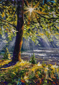 原创油画丙烯画秋天的阳光森林背景图片