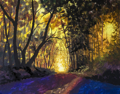原创油画丙烯画秋天的阳光森林图片
