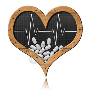 3D显示带有白药片摄影和回声心电图的心脏形黑板图片