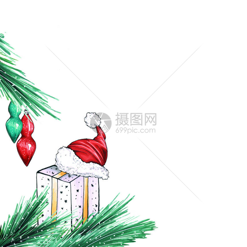 圣诞节或新年背景与礼品盒和圣诞老人红帽礼物光栅图手绘图片