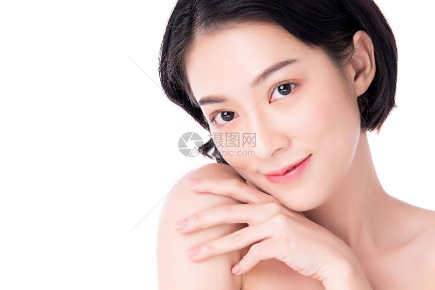 肖像美丽的年轻亚洲女干净清新的概念亚洲女孩美容美脸护肤保健面部护理完美肌肤自然化妆白底图片
