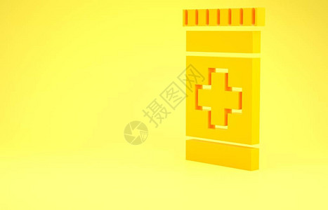 黄色药瓶图标孤立在黄色背景上瓶丸标志药房设计极简主义概念3d插图图片