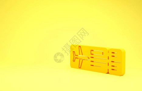黄色机票图标孤立在黄色背景上飞机票极简主义概念3d插图图片