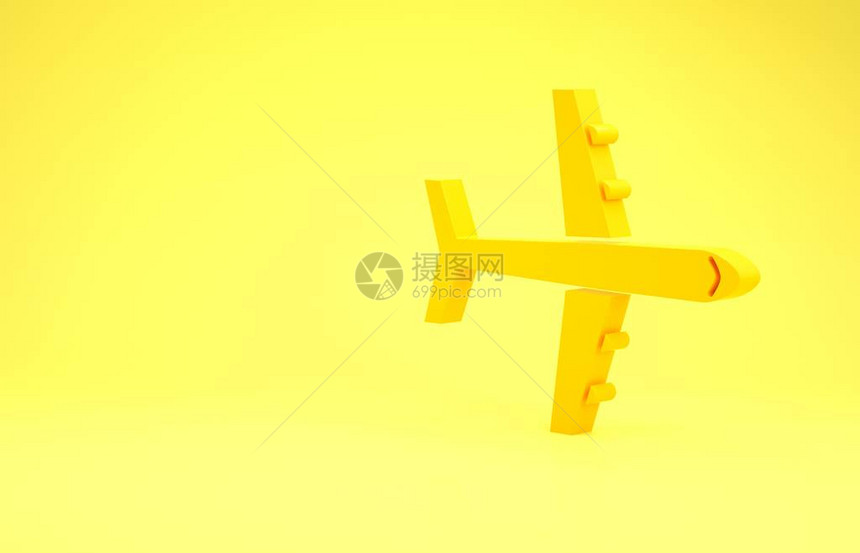 黄色平面图标隔离在黄色背景上飞行机图标客机标志极简主义概念3d插图图片