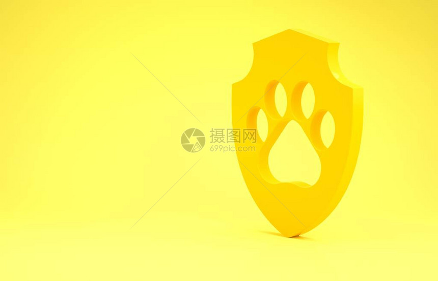 黄色动物健康保险图标孤立在黄色背景上宠物保护图标狗或猫爪印极简主义概念3d插图图片