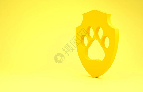 黄色动物健康保险图标孤立在黄色背景上宠物保护图标狗或猫爪印极简主义概念3d插图背景图片