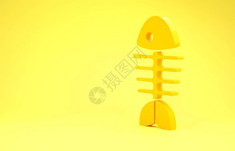 黄色鱼骨架图标孤立在黄色背景上鱼骨标志极简主义概念3d插图图片