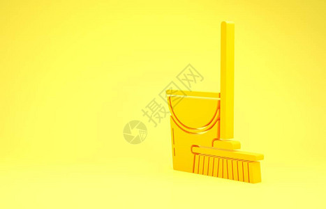 黄色拖把和水桶图标隔离在黄色背景上清洁服务理念极简主义概念3d插图图片