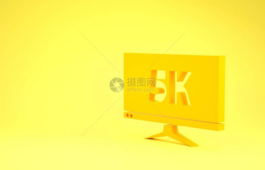 黄色计算机PC显示器显示与5k视频技术图标隔离在黄色背景极简主义概念3d插图图片