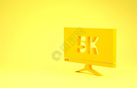 黄色计算机PC显示器显示与5k视频技术图标隔离在黄色背景极简主义概念3d插图背景图片