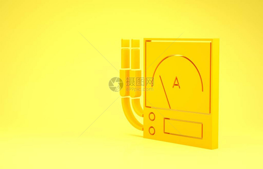 黄色安培表万用表电压表图标隔离在黄色背景上电流测量仪器极简主义概念3d插图图片
