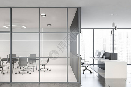 全景国际公司办公室的内部有白色的墙壁瓷砖地板白色和深色的木制接待桌和左侧的玻璃墙会议室背景图片