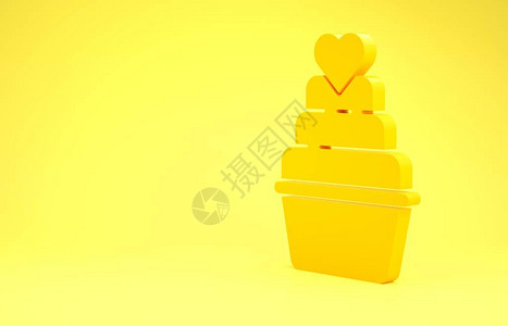 黄色婚礼蛋糕与心脏图标隔绝在黄色背景上最小化概念3图片