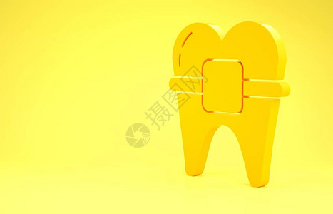 带有大括号图标的黄色牙齿在黄色背景上被隔离图片