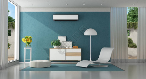 现代蓝色有白色家具和空调机图片