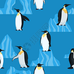蓝色无缝明亮图案上的平企鹅图片