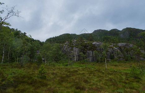 在前往峡湾Lysefjord挪威的传教士讲坛岩途中的山脉自然和旅行背景Tjodnane湖背景图片