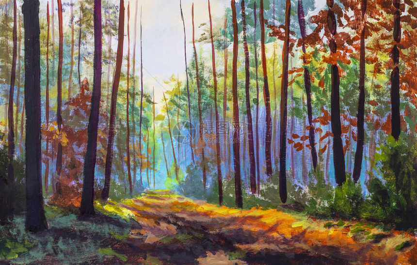 石油绘画日光照耀的惊人秋天森林地树木上的红叶和黄叶图片