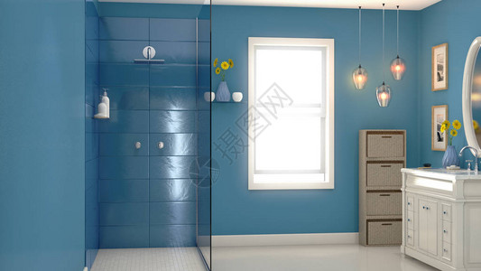现代浴室的内部有蓝色墙壁淋浴虚空镜子和反光窗户图片