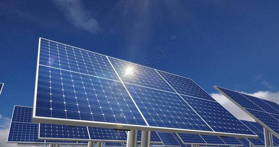 背景中有太阳反射和蓝天的太阳能电池板绿色电力生态清洁和替代能源概念光伏电池loopable和无缝3d渲染ilust背景图片